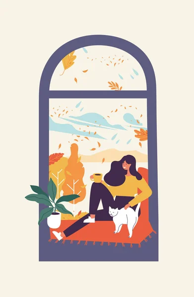 Vector illustratie jonge vrouw zittend in het raam en het drinken van thee of koffie. Herfstseizoen conceptie. — Stockvector