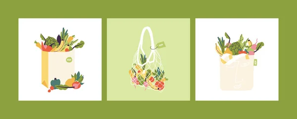 Conjunto de ilustração vetorial de eco sacos de compras com produtos. Conceito para zero desperdício, sem plástico. Sacos cheios de alimentos do mercado local ou mercearia. — Vetor de Stock
