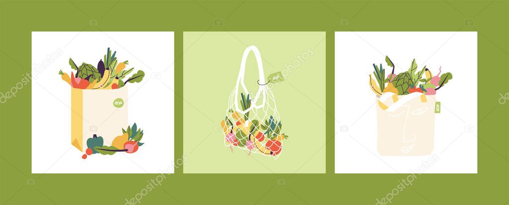 Vector illustration set of eco shopping bags with products. Concept for zero waste, plastic free. Bags full of food from local market or grocery.