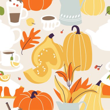 Vektör illüstrasyon sonbahar havası. Sonbahar ürünleri arka planında. Orman yaprakları, balkabakları, böğürtlenler, sıcak içecekler dekoratif kompozisyon. Kusursuz desen