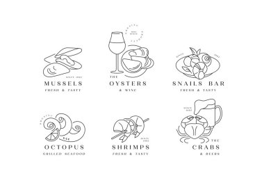 Vektör, deniz ürünleri için şablon logoları ve simgeler hazırladı. Ahtapot, salyangoz, salyangoz, yengeç, istiridye. Lokanta ve kafe amblemleri