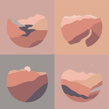 Vektör illüstrasyon manzarası dağı, nehir manzarası. Tepeler ve bulutlar, güneş ya da ay. Kağıt kesim stili. Doğa geçmişi