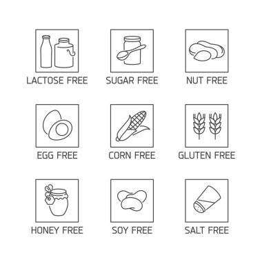 Doğal ve organik ürünler için bir dizi logo, rozet ve simge. Alerjik ürünlerden uzak - glüten, gmo, laktoz ve yumurtasız, soya, bal