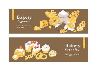 Yatay çizim sepetinin içinde fırın yiyeceği var. Farklı hamur işleri çeşitleri. Pasta dükkanı için kartlar