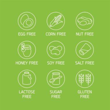 Doğal ve organik ürünler için bir dizi logo, rozet ve simge. Alerjik ürünlerden uzak - glüten, gmo, laktoz ve yumurtasız, soya, bal