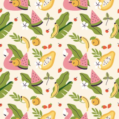 Farklı tropikal meyve ve flamingo kuşağının vektör çizimleri. Egzotik yazın kusursuz deseni