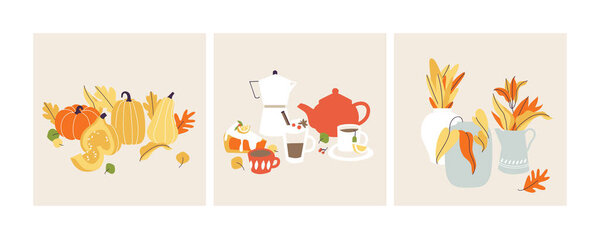 векторная иллюстрация осеннее настроение. осенью пунктов фона. сушеные листья, тыквы, ягоды, горячие напитки
