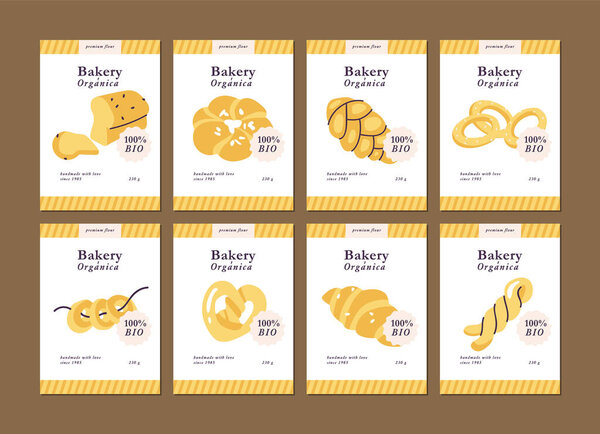 Vector linear design packaging labels for bakery shop. Assortment of different pastries