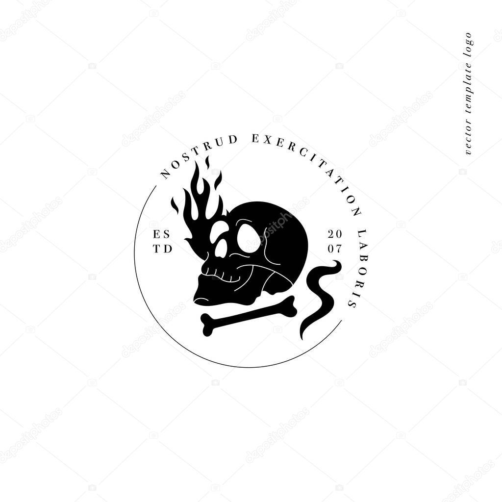 Vector design linear template logo or emblem - burning skull with bone. Template symbol for personal brand, psychology, astrology and esoteric