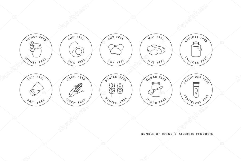 Vector set of logos, badges and icons for natural and organic products. Free from allergic products - gluten, gmo, lactose and egg free, soy, honey