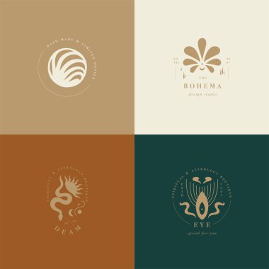 Vektör tasarımı doğrusal şablon logoları veya amblemleri - gizemli boho tarzı. El yapımı ürünler ve el işi butikler için soyut bir sembol.