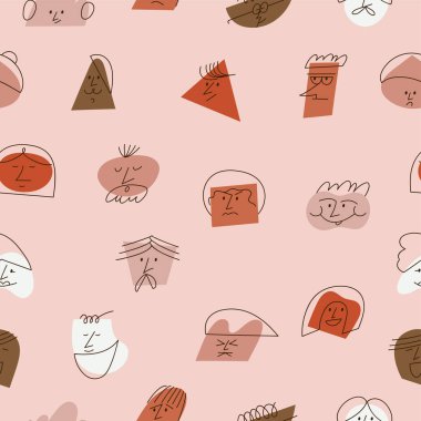 Vektör illüstrasyonu farklı duyguları olan çağdaş soyut yüzler. Farklı renkli karakterler. Kusursuz desen.