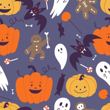 Mutlu Cadılar Bayramı için doğrusal simgelerin vektör çizim kümesi. Şeker mi şaka mı sembolü. Arkaplan ya da pürüzsüz desen.