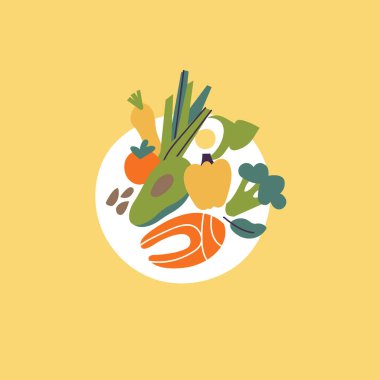 Vektör çizimi sağlıklı gıda konsepti. Tabak dolusu yeşillik, fındık, kırmızı balık, sebze ve avokado..