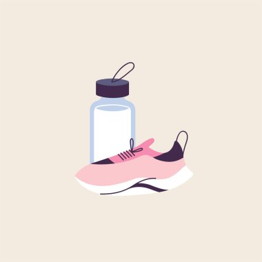 Sağlıklı ve aktif yaşam tarzının vektör çizimi. Koşan pembe ayakkabılar ve su şişesi.