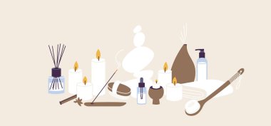 Spa ve sağlık prosedürü için organik ve doğal ürünlerin vektör illüstrasyonu. Aroma çubukları ve esans yağı ve bitkisel losyonla mumlar..