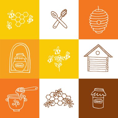 Vektör esnaf logolar ve tasarım şablonları veya rozetleri ayarlayın. Organik ve Eko Etiketler arılar ile tatlım. Doğrusal stili.
