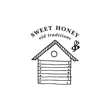 Vektör çizim logosu ve tasarım şablonu veya rozeti. Organik ve ekolojik bal etiketi: Arı kovanı. Doğrusal biçim.