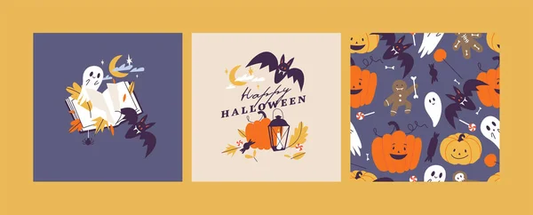 Illustrazione vettoriale serie di icone lineari per Buon Halloween. Dolcetto o scherzetto. Sfondo o modello senza cuciture. — Vettoriale Stock