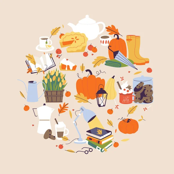 Vector illustration autumn collection. Fall cozy style. Decorative set of autumn elements and accessories. — Stock Vector