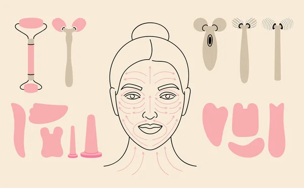 Vector illustratie methode voor gezichtsmassage. Vrouwelijk gezicht met pijllijnen. Set van verschillende cosmetische schoonheidsmiddelen. — Stockvector