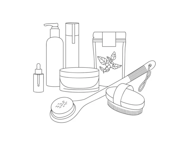 Wektorowe ilustracje liniowe zestaw suchej szczotki do czyszczenia ciała z peelingu kawy, balsam i krem kosmetyczny. Piękno narzędzia do codziennej pielęgnacji ciała. — Wektor stockowy