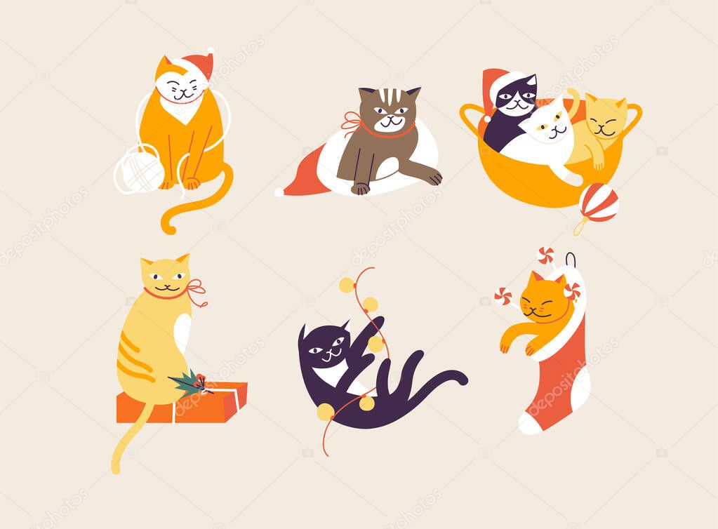 Vector illustration set of cute christmas cats celebrating winter holiday. Xmas holiday mood.