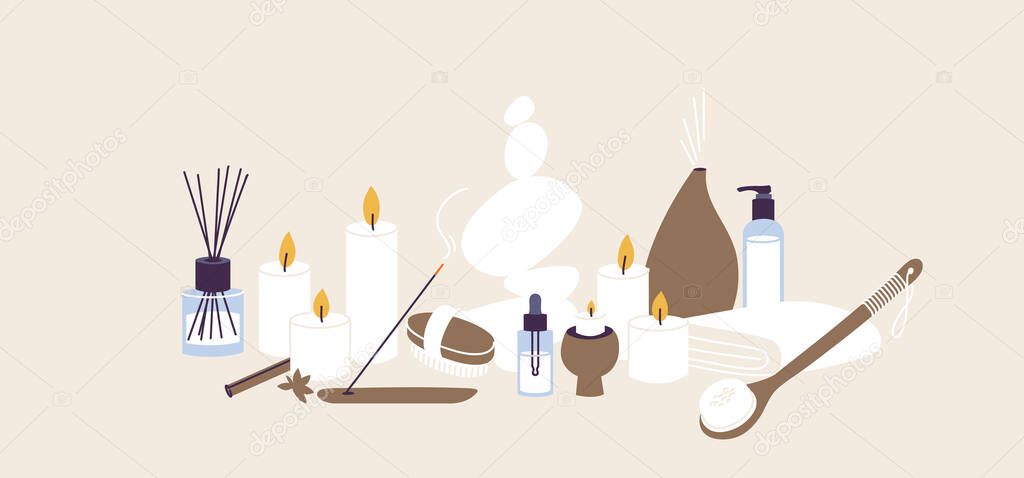 Vector illustration set of organic and natural products for spa and wellness procedure. Aroma sticks and candles with essecial oil, herbal lotion.