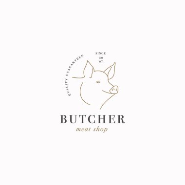 Vektör tasarımı doğrusal şablon logosu veya amblemi - çiftlik domuzu. Et dükkanı veya kasaplık için soyut bir sembol
