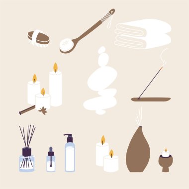 Spa ve sağlık prosedürü için organik ve doğal ürünlerin vektör illüstrasyonu. Aroma çubukları ve esans yağı ve bitkisel losyonla mumlar.