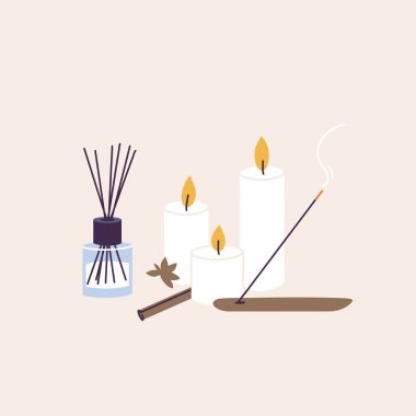 Spa ve sağlık prosedürü için organik ve doğal ürünlerin vektör illüstrasyonu. Aroma çubukları ve esans yağlı mumlar.