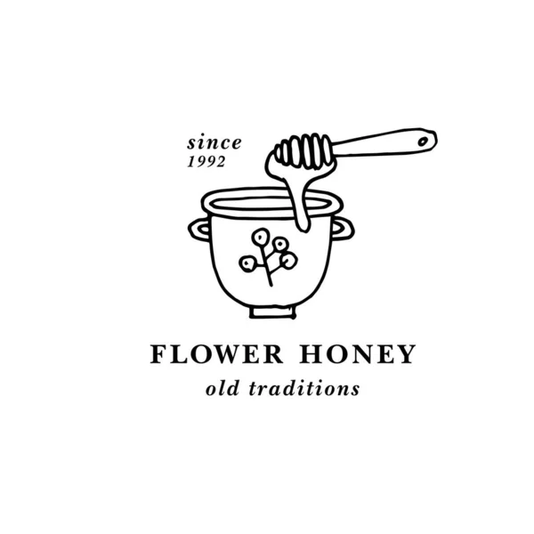 矢量标识和设计模板或徽章 有机和生态蜂蜜标签瓶蜂蜜 线性风格 — 图库矢量图片