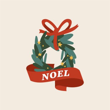 Kırmızı kurdeleyle süslenmiş yeşil çelenkli şirin Mutlu Xmas konsepti düz tasarım. Geleneksel Noel süslemesi