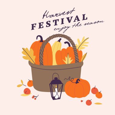 Sonbahar hasat festivali için vektör illüstrasyonu. Skeç stili logo bir kamış sepeti ve davet için bir balkabağı, parti.