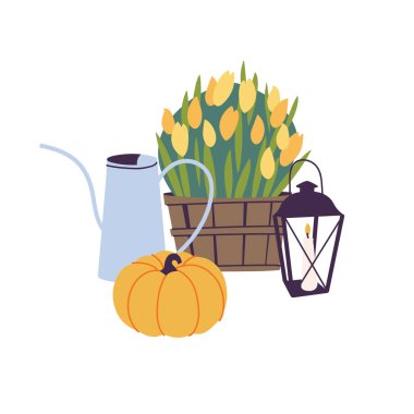 Sonbahar aksesuarları, güz çiçekleri, bahçe sulama kutusu ve mum fenerli balkabağı örnekleri. Geleneksel sonbahar mevsimi özellikleri.