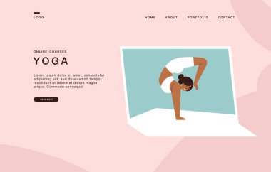 Web siteleri için sayfa şablonu indirme şablonu, vektör illüstrasyon kızı evde yoga yapıyor, çevrimiçi kurslar