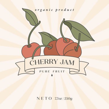 Kiraz meyveli vektör illüstrasyon retro tasarım etiketi - basit doğrusal stil. Meyve ve tipografi içeren amblemler