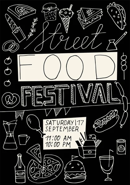 Vector illustratie hand tekenen straat voedsel festival verticale poster of banner. Samenstelling met junkfood of fastfood. — Stockvector