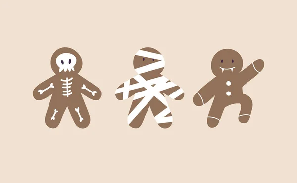 Insieme illustrazione vettoriale di Halloween uomo pan di zenzero decorativo come scheletro, vampiro e mummia. — Vettoriale Stock