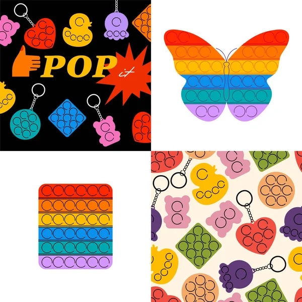 Conjunto Ilustración Vectorial Moda Sensorial Pop Fidgets Juguetes Antiestrés Rainbow — Archivo Imágenes Vectoriales