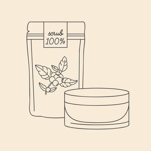 Διάνυσμα Γραμμική Απεικόνιση Scrub Καφέ Λοσιόν Και Καλλυντική Κρέμα Καλλυντικά — Διανυσματικό Αρχείο