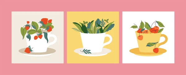 Διάνυσμα Που Εικονογράφηση Φλυτζάνια Τσάι Γεμάτο Μούρα Και Φύλλα Τσάι — Διανυσματικό Αρχείο