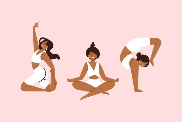 Vektorillustrationsset Mit Jungen Frauen Die Yoga Praktizieren Verschiedene Yoga Posen — Stockvektor