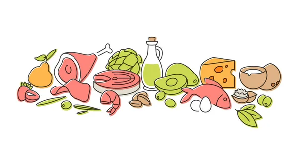 Wektor Ilustracji Keto Produktów Dietetycznych Koncepcja Jedzenia Ciepło — Wektor stockowy