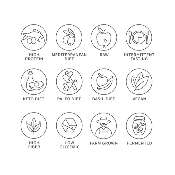 天然および健康製品用のロゴ バッジ アイコンのベクトルセット 健康的な食事と食事の様々なコレクションのシンボル — ストックベクタ