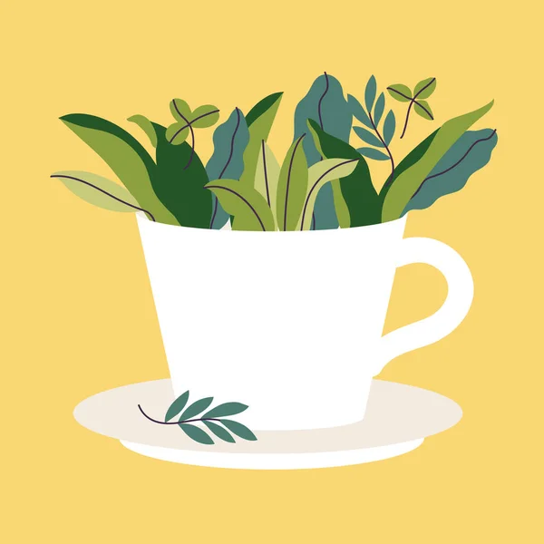 Векторная Иллюстрация Чашка Чая Полная Зеленых Листьев Травяной Чай — стоковый вектор