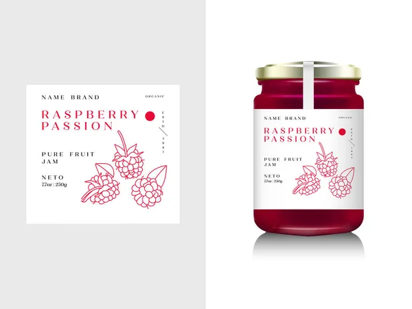 矢量图解现实的玻璃瓶包装水果果酱 树莓果酱 带有设计标签 线形树莓图标 — 图库矢量图片