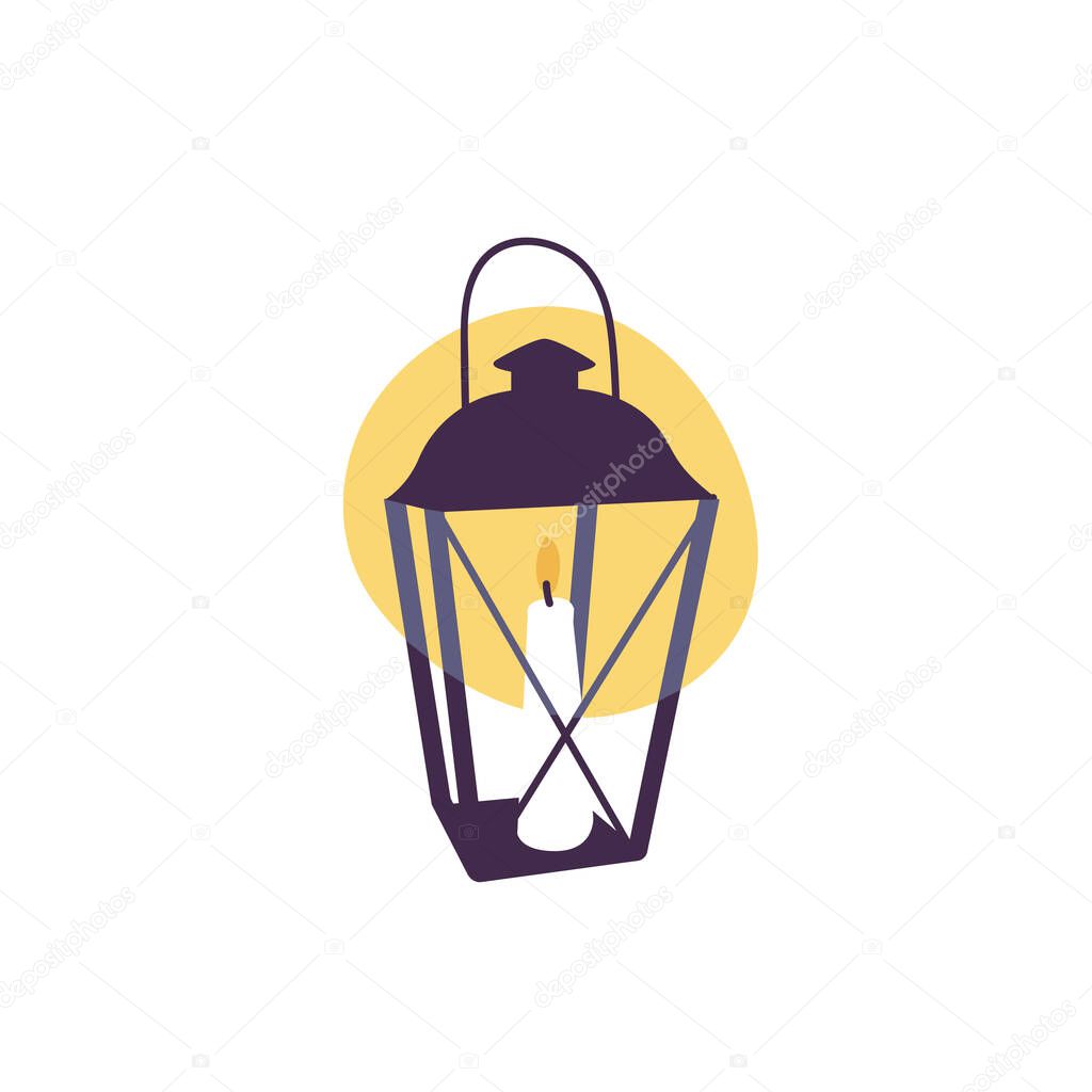 Vector illustration - vintage lantern with candle inside isolated on white background.