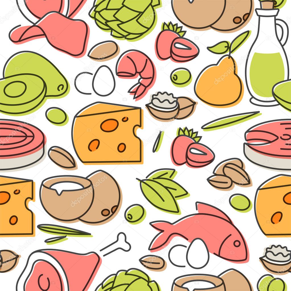 Vector illustartion keto diet products. Healty eating concept. Seamless pattern