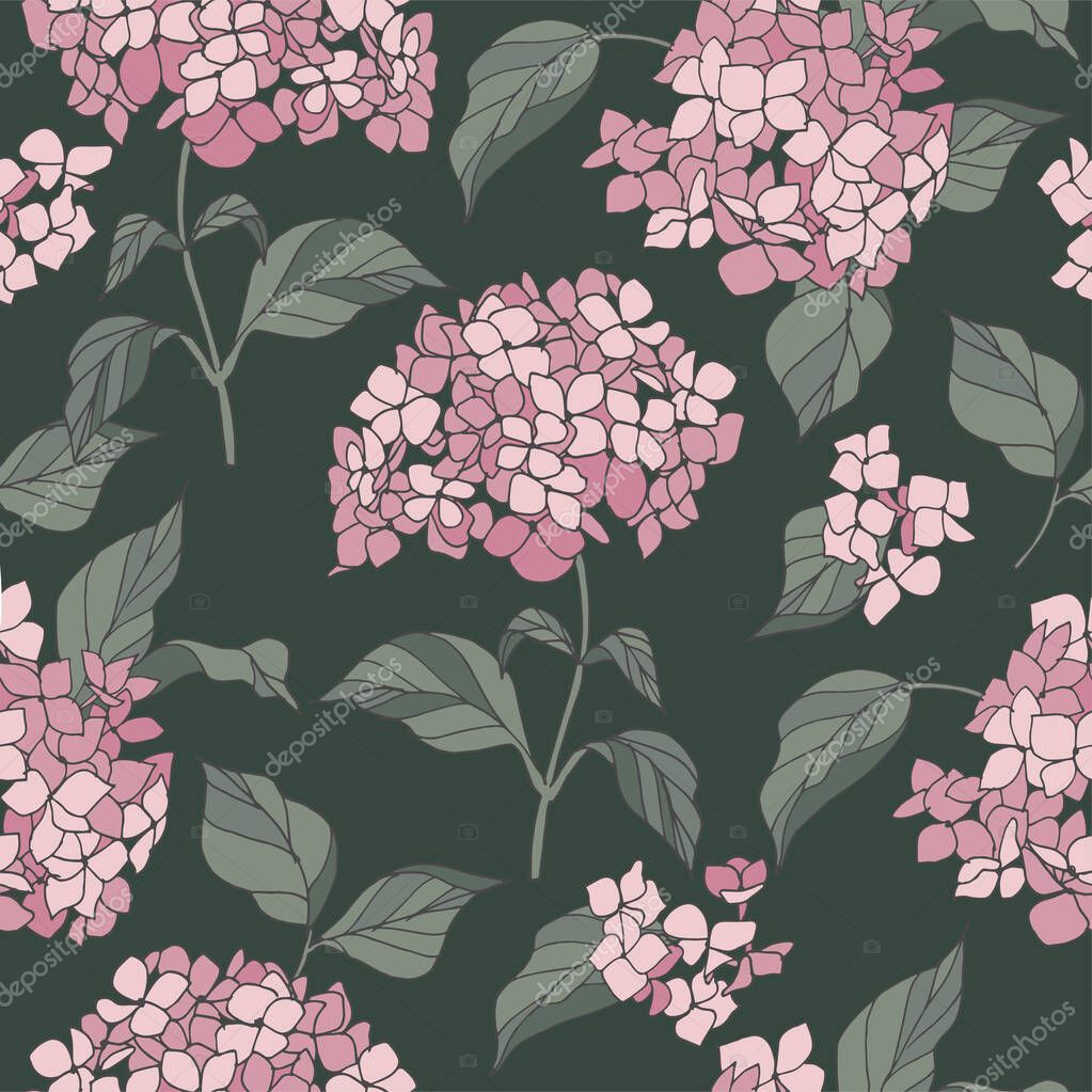 Vector illuastration seamless pattern with hydrangea flowers. Floral wreath. Flowers background for cosmetics packaging